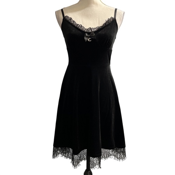 Dresses & Skirts - Black Velvet Dress Babydoll Lace Trim Mini Size M Celestial‎ Witchy Whimsigoth